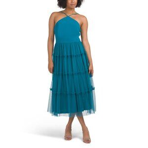 ADRIANNA BY ADRIANNA PAPELL Peacock Sleeveless Halter Midi Dress